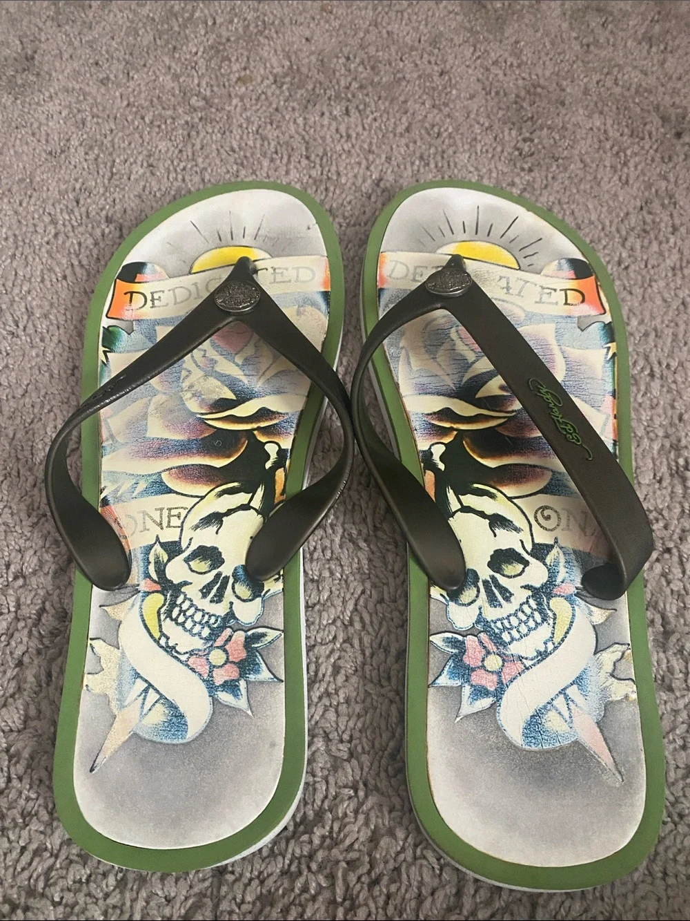 Vintage Ed Hardy Tattoo-Print Flip Flops in Green and Black